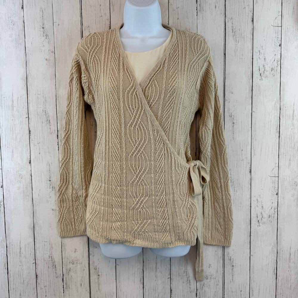 VTG Emanuel Ungaro Cream Linen Chunky Cable Knit V-Neck Wrap Sweater Size Large
